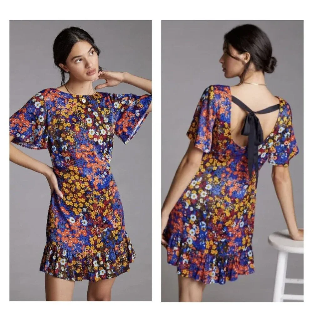 NWT Anthropologie Ruffled Satin Mini Dress 16 Floral Open Low Back Bow